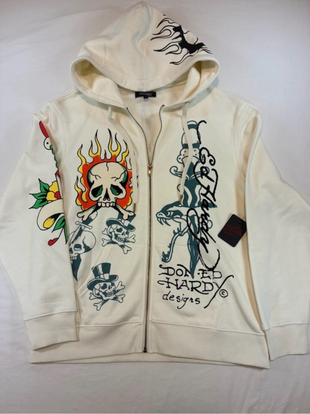 Ed Hardy Cream Hoodie with Multicolor Skull & Flame Graphics